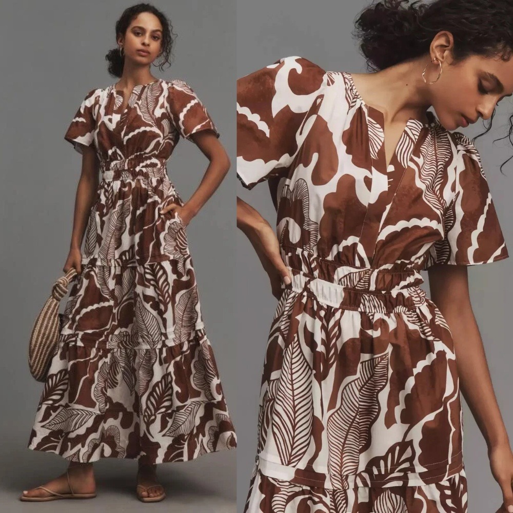 NWT Anthropologie‎ Somerset Maxi Dress Cedar Brown Floral Print XS